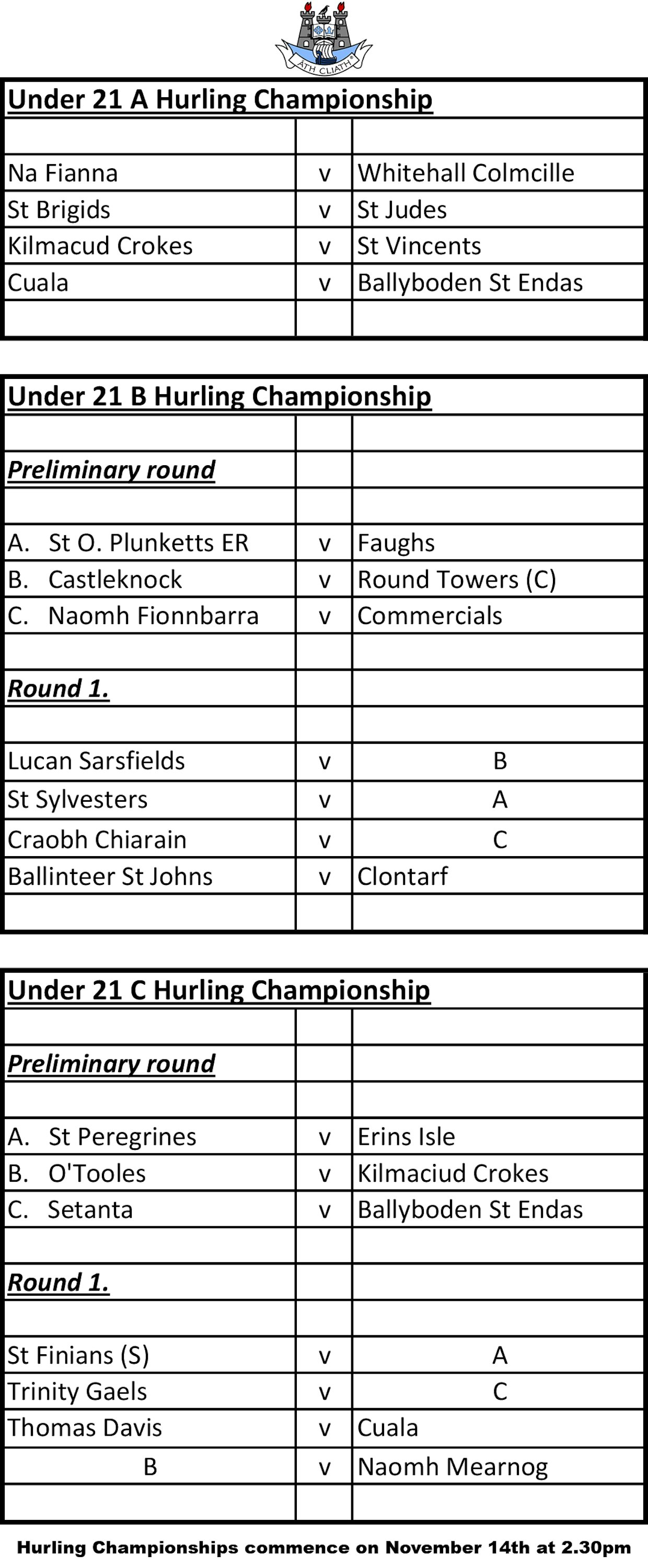 U21 Hurling Championship Draw